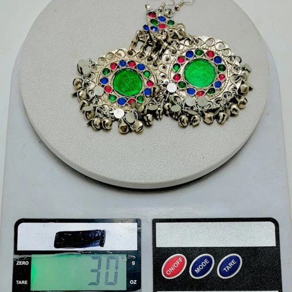 Afghan Kuchi Dangle Earrings: Silver Bells, Glass Stones, Boho Jewelry - Picture 7 of 7